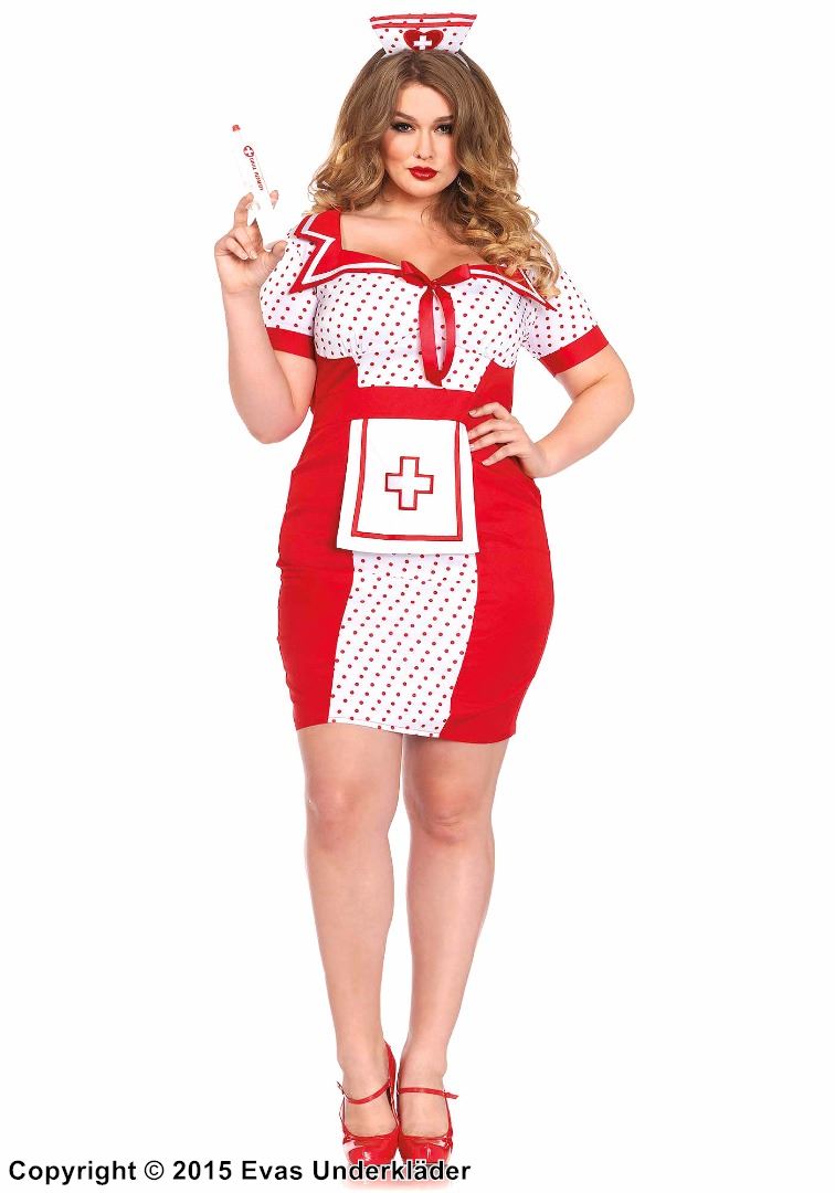 Sjuksköterska, maskeradklänning med förkläde, satinrosett och korta ärmar, polka dot, plus size